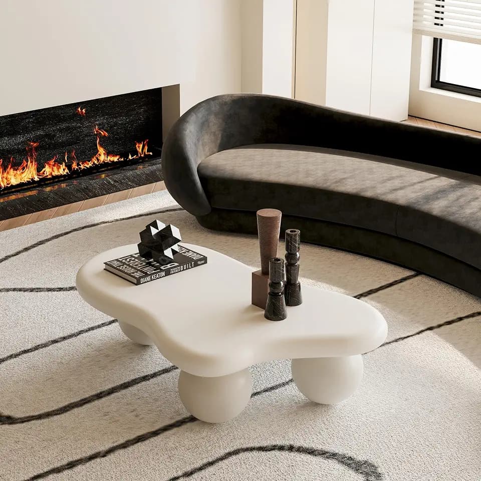 KEIKI 40" Cloud Shaped Coffee Table with 3 Ball Legs, Low Modern Wooden Coffee Table for Living Room, Office, or Small Spaces, Cream White