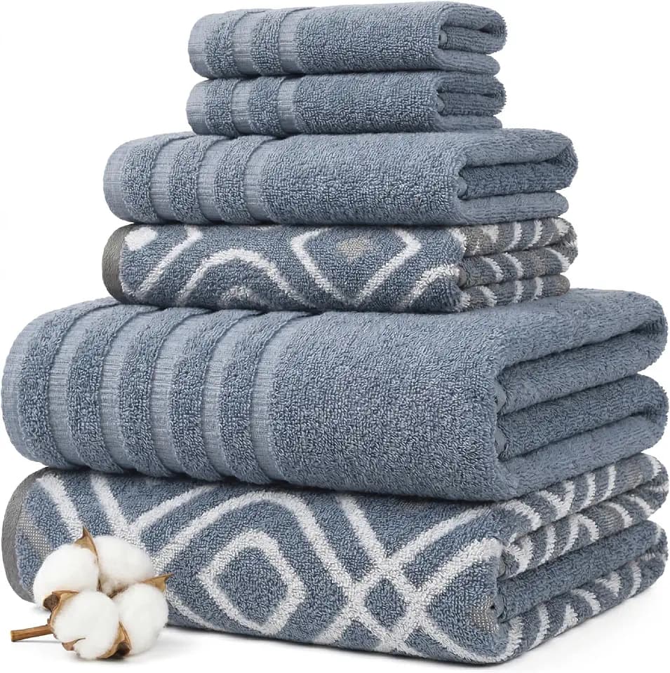 Modern Threads 6 Piece Bath Towel Set – Bathroom Set with 2 Bath Towels, 2 Hand Towels, and 2 Wash Cloths – 100% Cotton, Super Absorbent & Extra Soft – Reversible Classic Diamond (Blue)
