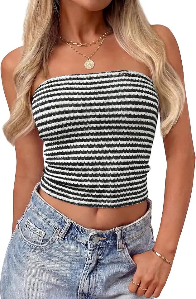 ZESICA Women's Striped Strapless Crop Knit Tube Tops