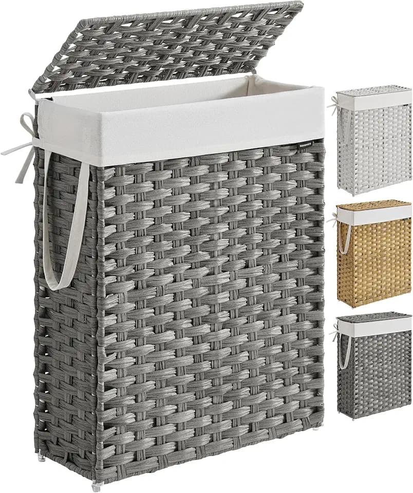SONGMICS Laundry Hamper with Lid, 14.5 Gal (55 L) Synthetic Rattan,Foldable