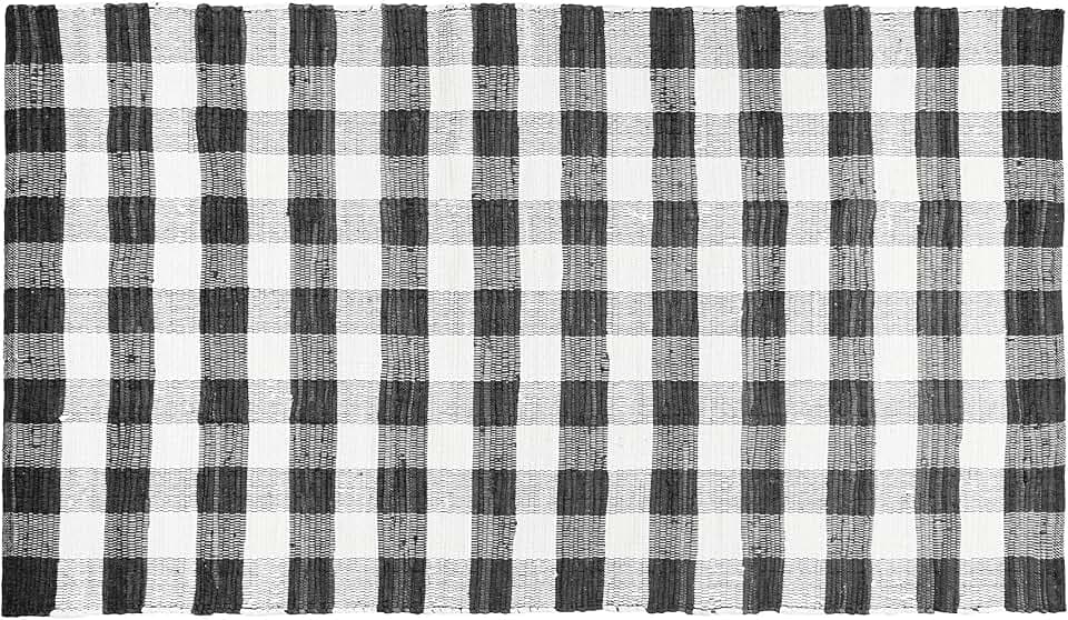 GLAMBURG Cotton Reversible Area Rug 3' x 5' Farmhouse Floor Mat, Handwoven Washable Carpet Checkered Plaid Rug for Front Porch Living Room Kitchen Bedroom - Black White