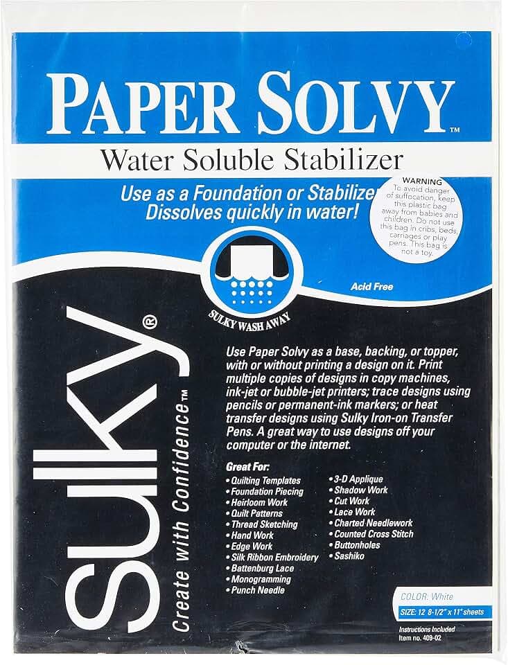 Sulky 409-02 Paper Solvy Water Soluble Fabric Stabilizer, 8-1/2 by 11-Inch, 12 Per Package