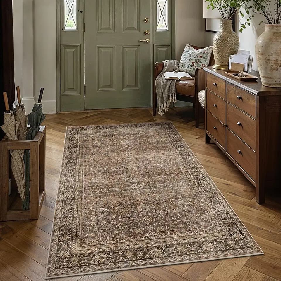 Schweek 4x6 Brown Area Rug Washable Non-Slip Vintage Floral Entryway Rugs