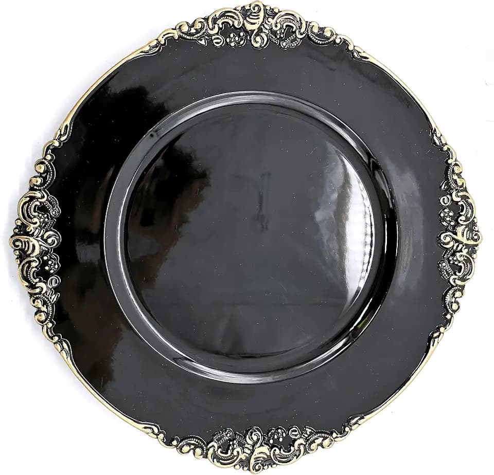 allgala 13-Inch 6-Pack Heavy Quality Round Charger Plates-Floral Black Gold Trim-HD80343