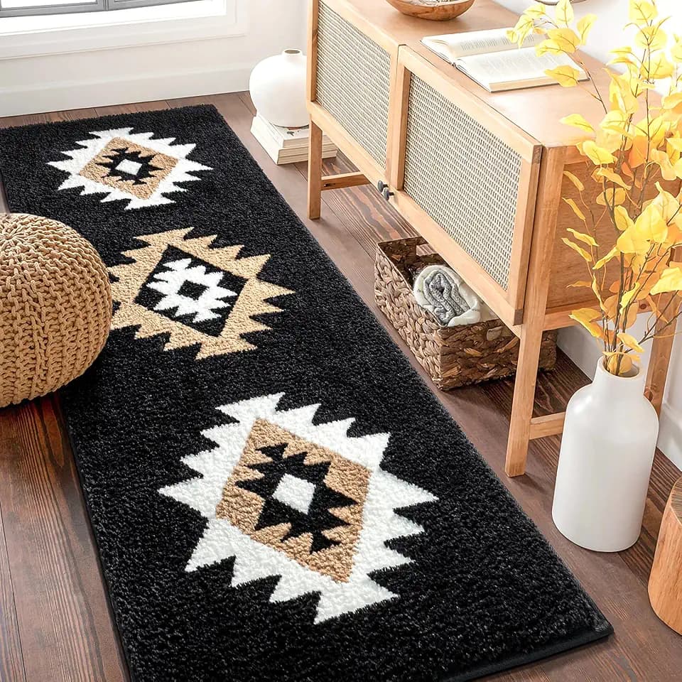 DEXDE Bathroom Runner Rugs 24x60 Aztec Long Bath Mat Boho Absorbent Black