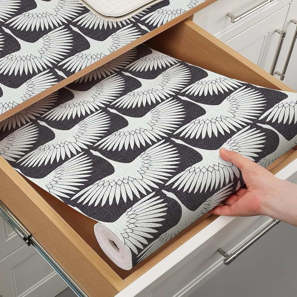 Black Crane Kitchen Drawer Shelf Liner Non-Adhesive 12IN x 16.4FT