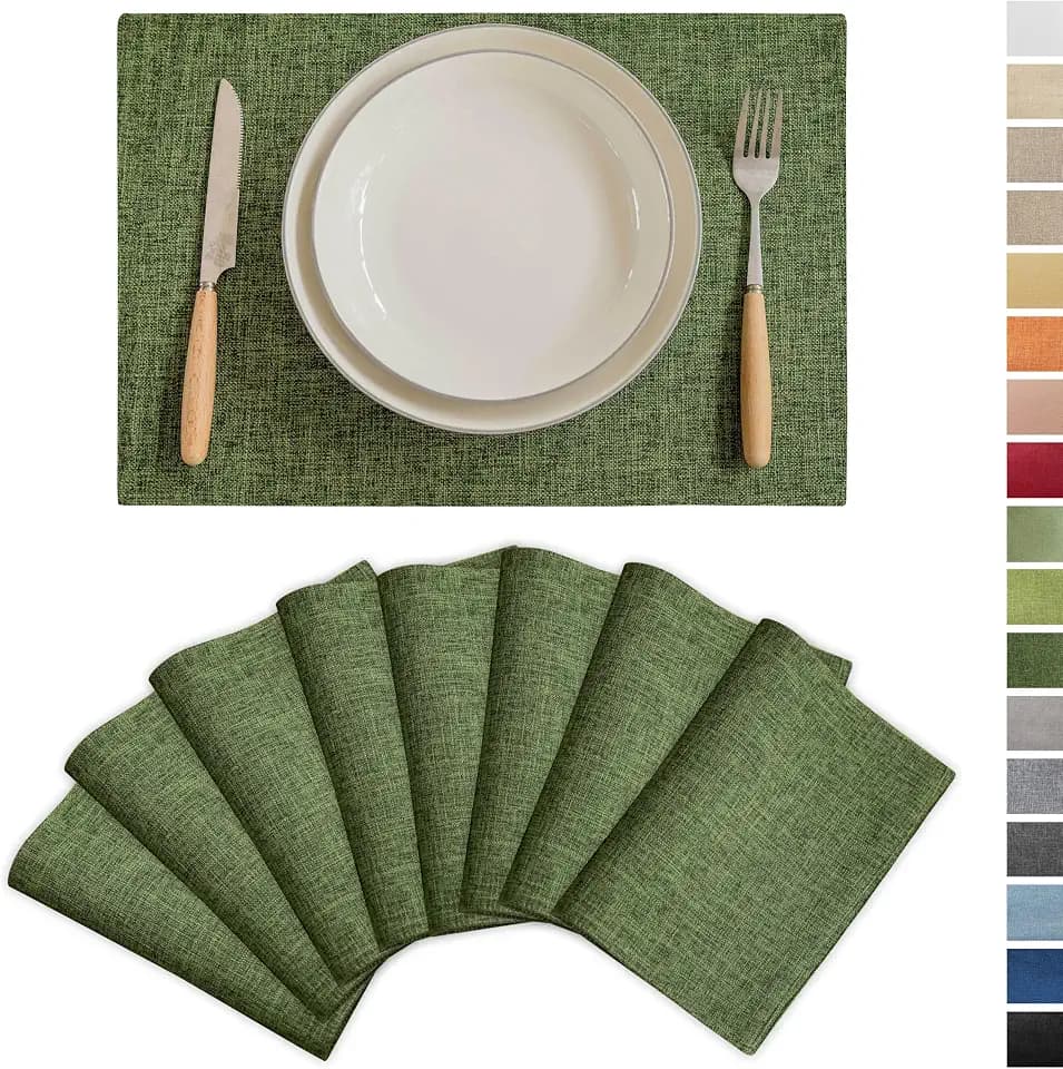 Demetex Dark Green Placemats Set of 8 Decorative Linen Textured Place Mats Heat Resistant Plate Table Mats for Cafe Party Banquet Tables, 13x19 inch, Green