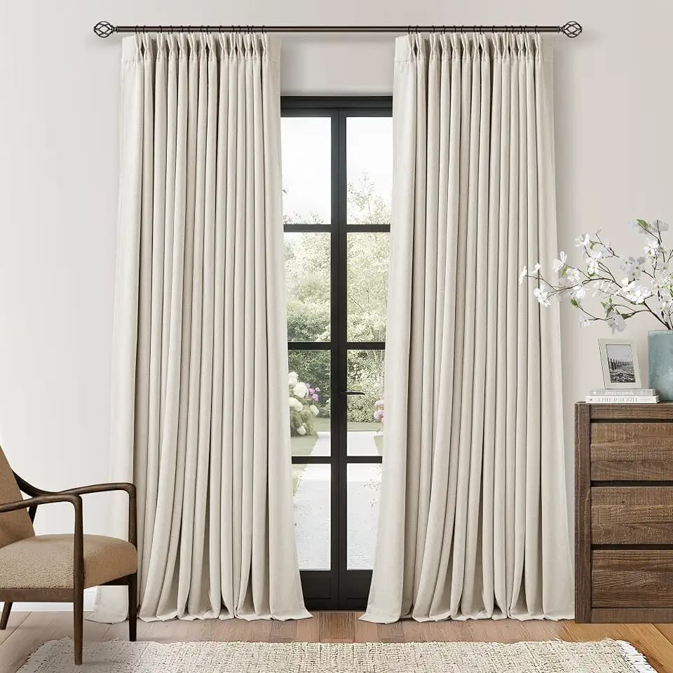 TWODRAPES Natural Linen Blackout Pleated Curtains 108 Inches Long 2 Panels