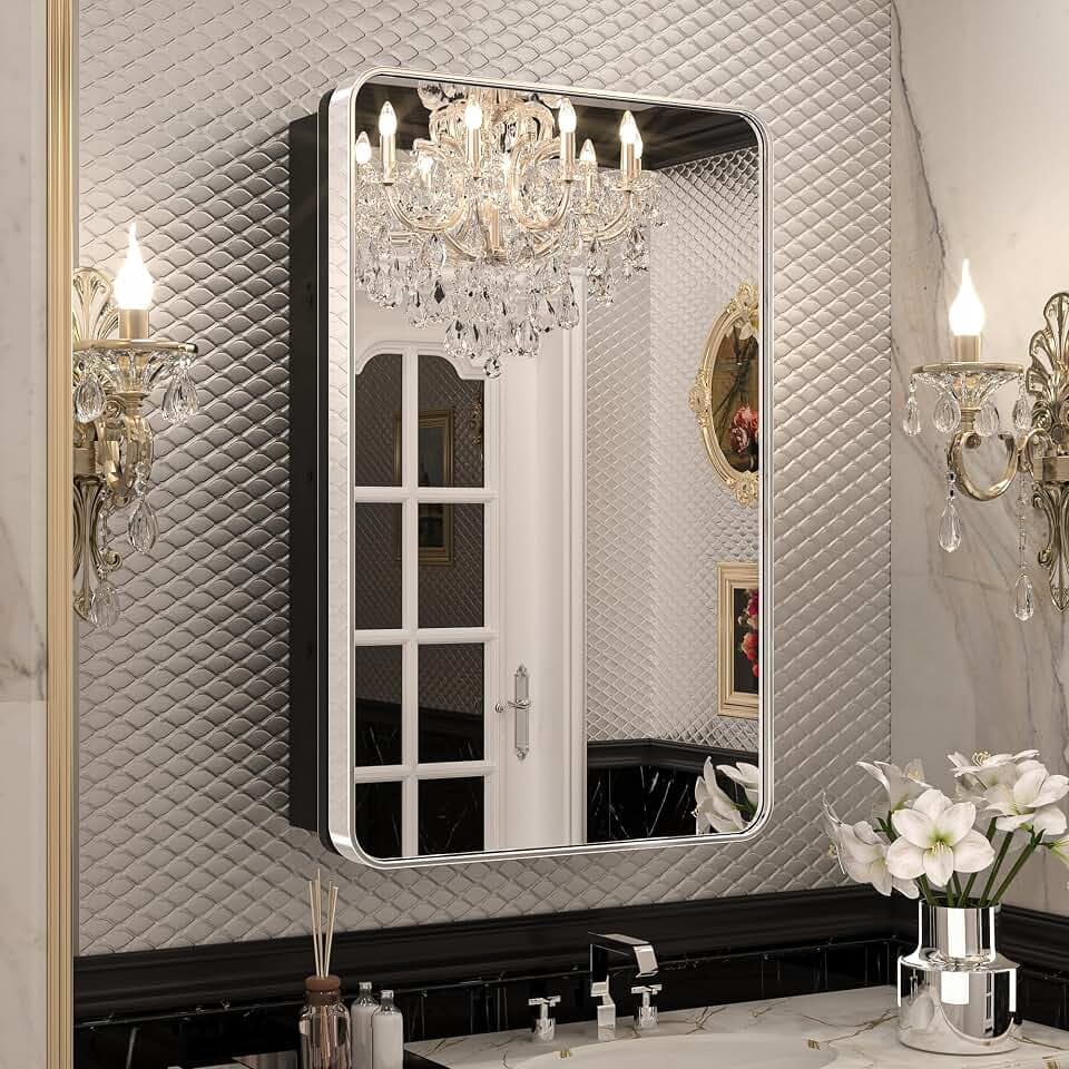 Keonjinn 20 x 32 Inch Chrome Medicine Cabinets for Bathroom with Mirror Adjustable Shelves Stainless Steel Framed Rounded Rectangle Single Door Surface Wall Mounted Silver Bathroom Storage Cabinet