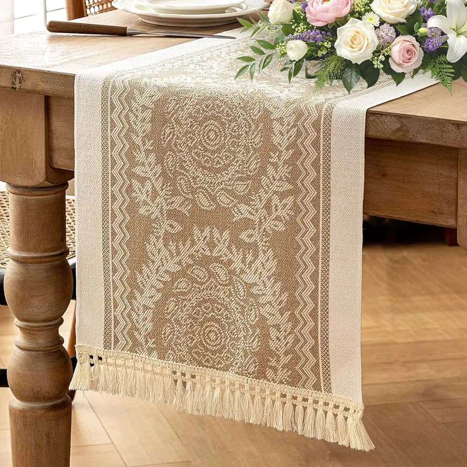 Coffee Mandala Linen Table Runner with Tassels, 14x83 Inch