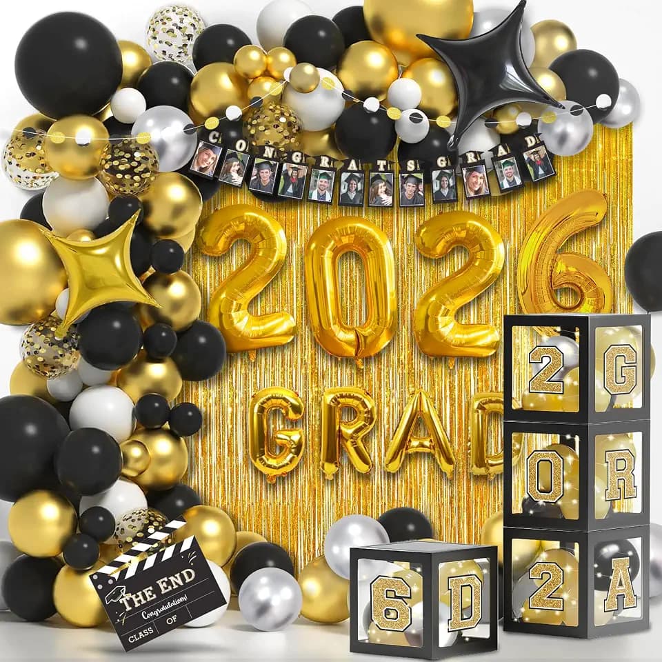 Party Spot!2026 Black and Gold Graduation Party Decorations,124 PCS Graduation Decorations Class of 2026,4 PCS Balloons Boxes with LED Light String & Letters 2026 GRAD So Proud of You