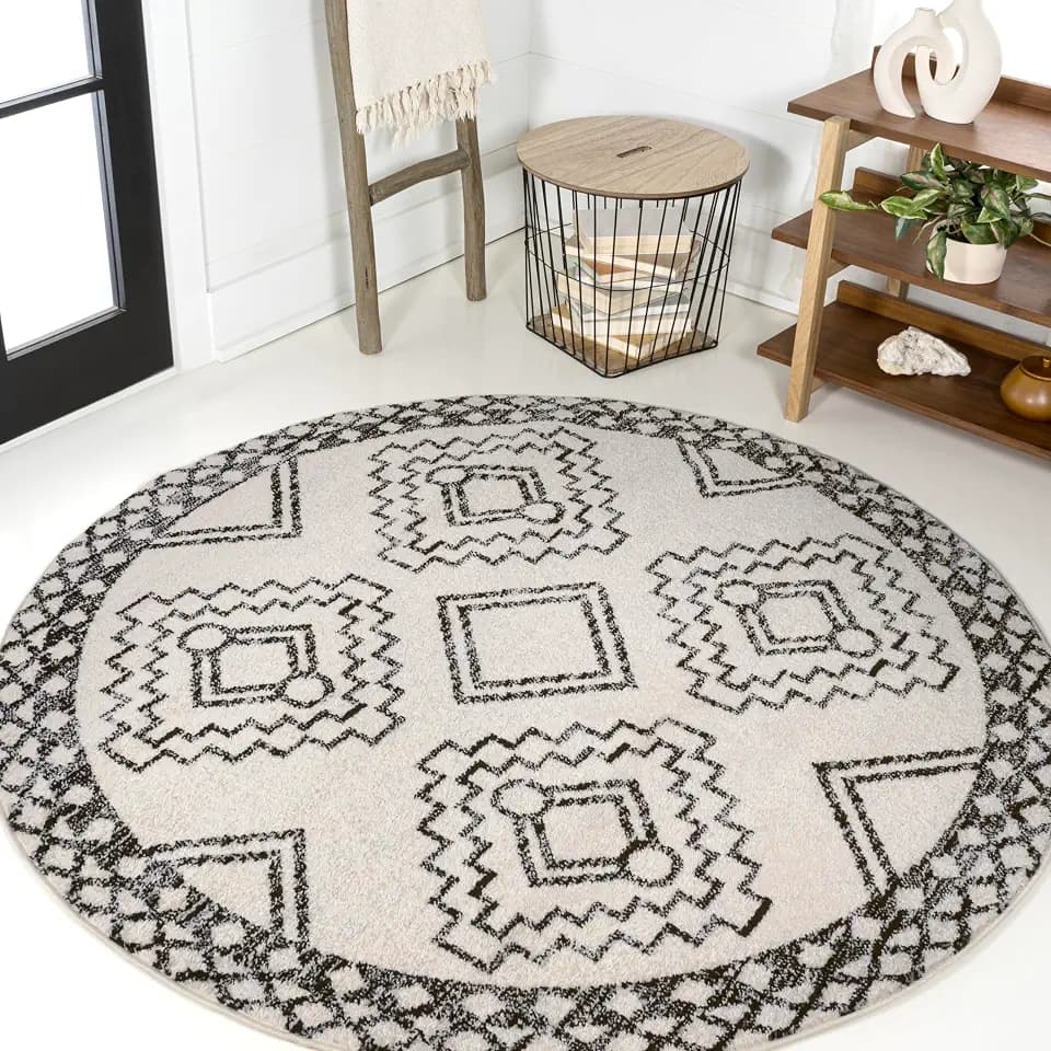 JONATHAN Y Amir Moroccan Beni Souk Cream/Black 4' Round Indoor Area Rug, Bohemian, Scandinavian, Easy-Cleaning for Living Room, Bedroom, Kitchen, Pet Friendly, Non-Shedding (MOH200A-4R)