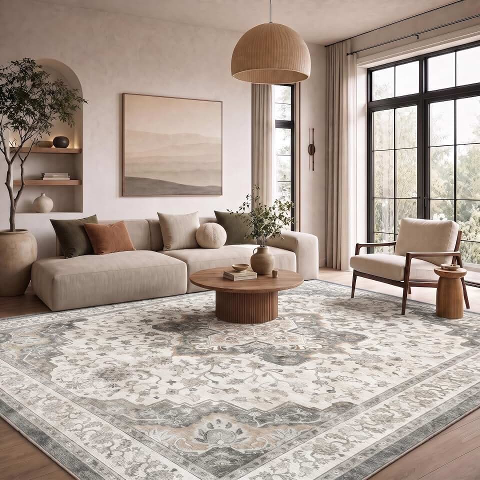 Marsail 8'x10' Washable Area Rug, Vintage Floral,Soft Short-Pile, Anti-Slip and Durable with Bound Edges for Living, Dining, and Bedrooms