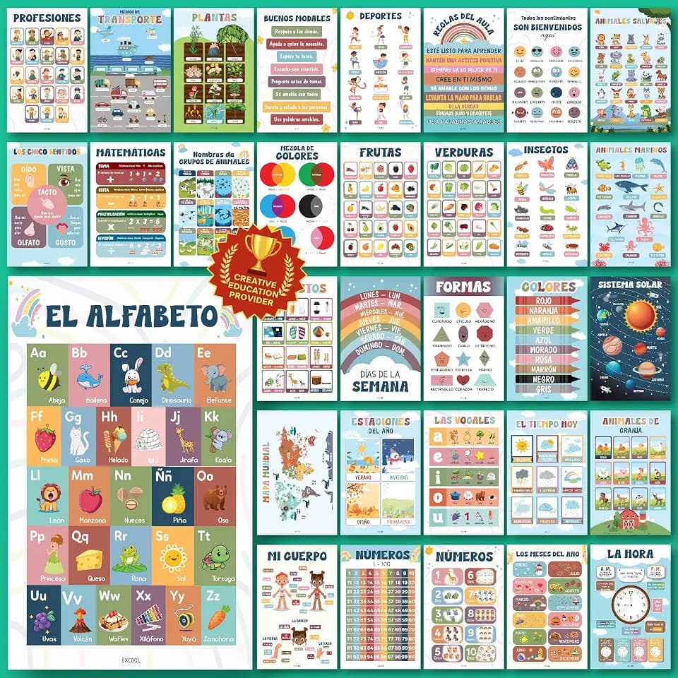 EXCOOL CLUB Spanish Classroom Posters, 32 Pc 11x17 Bilingual Learning Set