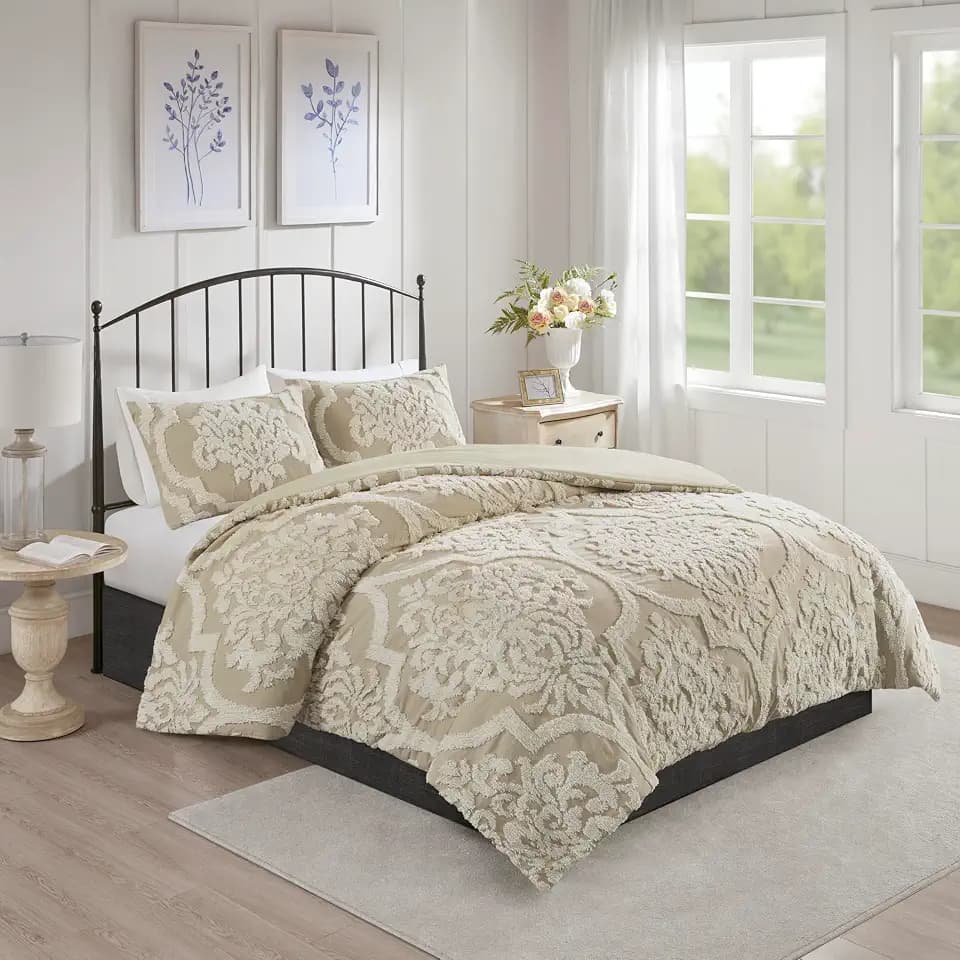 Madison Park Tufted Chenille Cotton Damask Comforter Set, 3PC Full/Queen