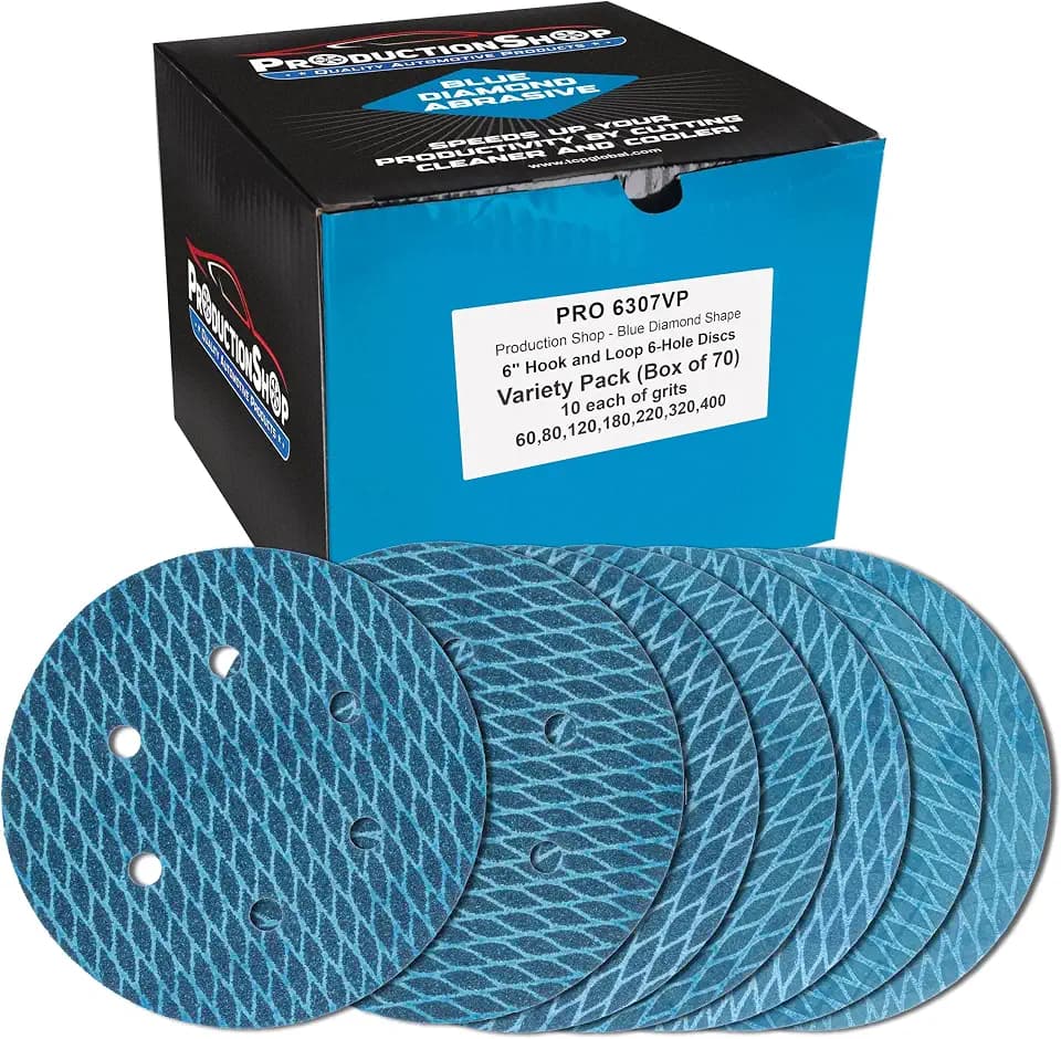 ProductionShop Premium 6" Rhombus Diamond Shape Blue Sanding Discs, 6-Hole, 70 Disc Variety Pack, Grits 60, 80, 120, 150, 180, 220, 320, 400 - Hook & Loop Sandpaper, Random Orbital Sanders, Metal Wood