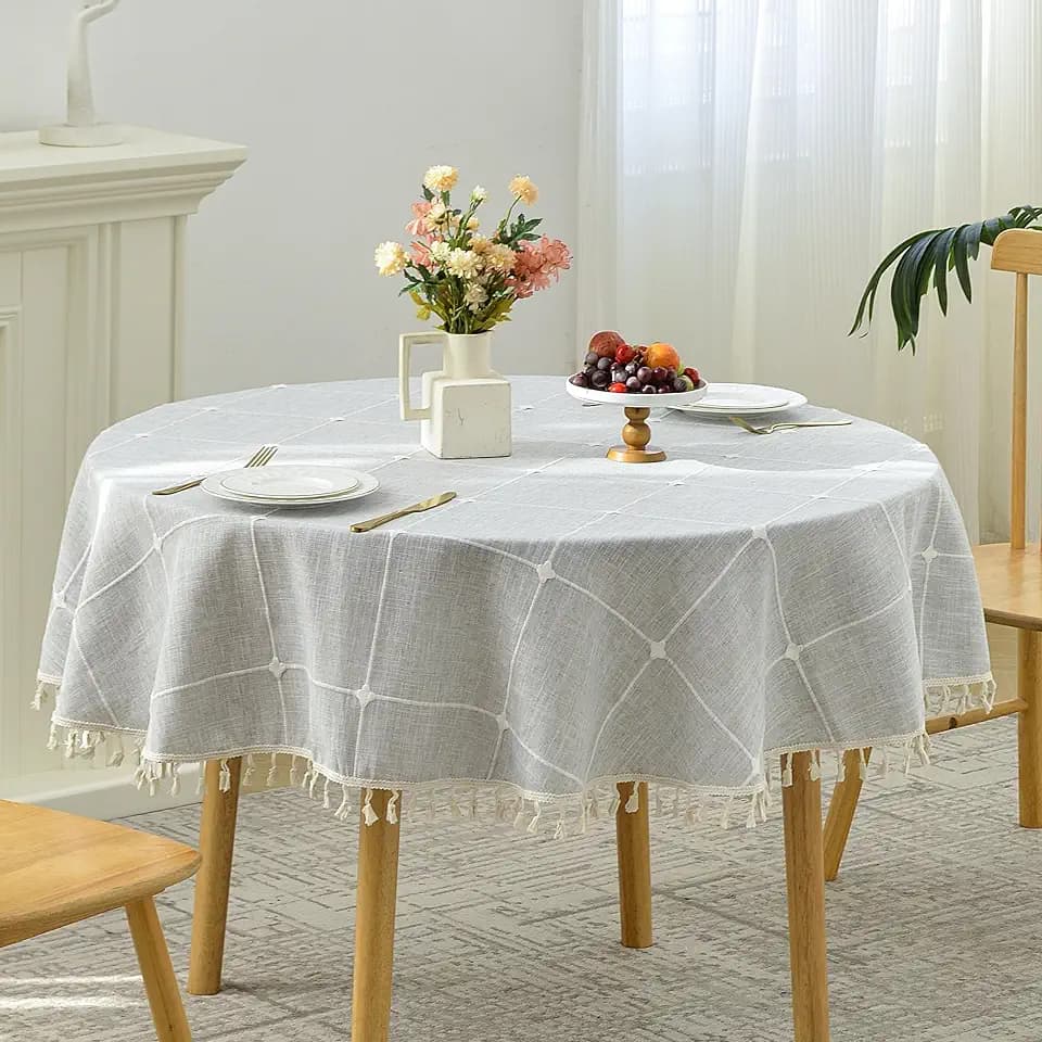 Lattice Embroidery Plaid Round Tablecloth with Tassel, Round 48 Inch, Grey