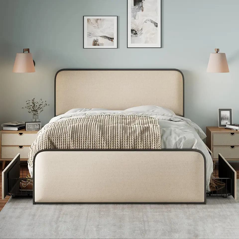 Merax Queen Size Metal Bed Frame with Curved Upholstered Headboard and Footboard, Modern Platfrom Bed & 4 Storage Drawers Under Bed, No Box Spring Needed, Easy Assembly, Beige