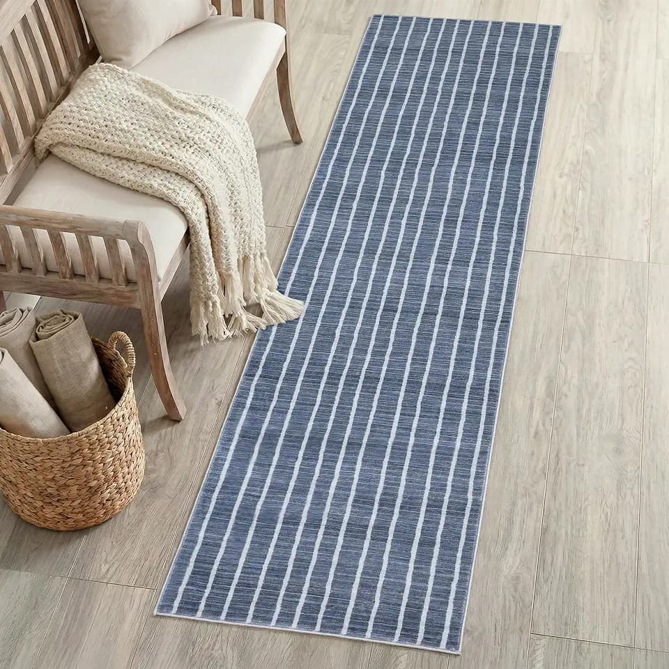 JONATHAN Y Washable Orton Distressed Ticking Stripe 2' x 8' Machine-Washable Polyester Runner Rug, Navy and Cream, Farmhouse Vintage Style with Low Pile for Hallway WSH519D-28