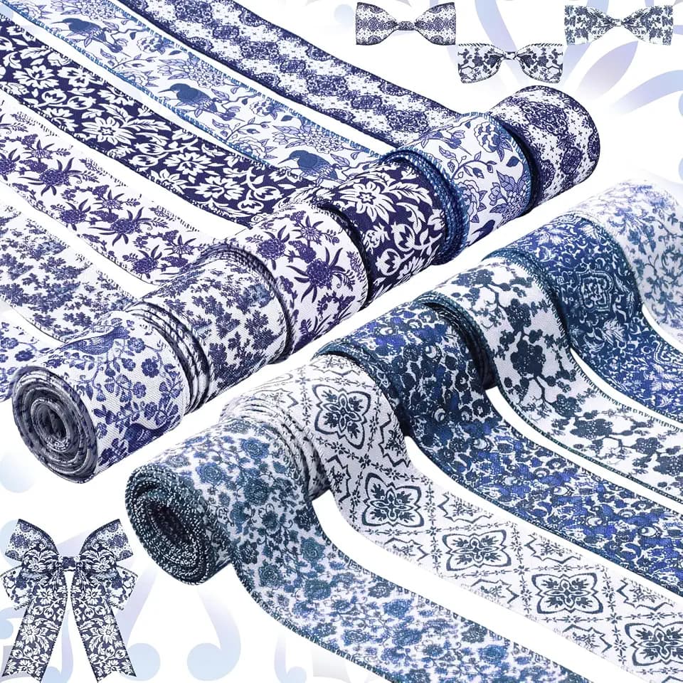 Chunful 12 Rolls Christmas Blue Floral Wired Edge Ribbon