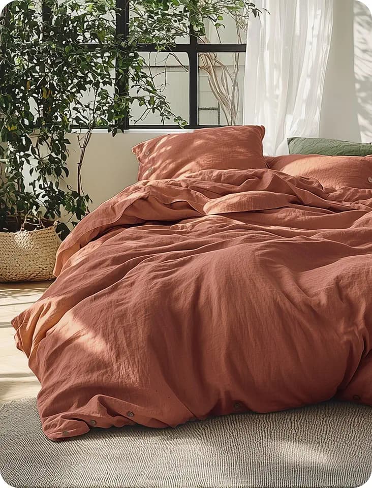 Bedsure PureWoven Linen Duvet Cover Queen, Linen Cotton Blend, Burnt Orange