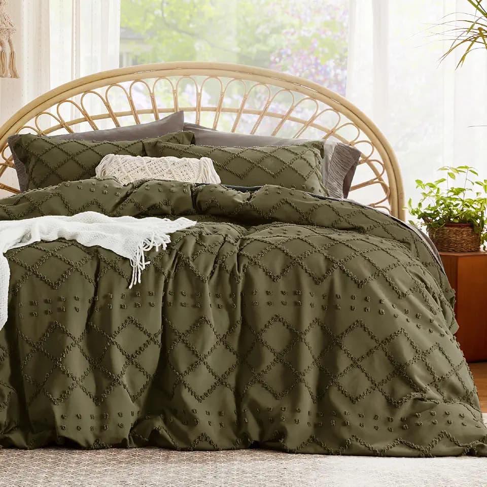 Bedsure Dark Green Boho Duvet Cover King, Soft Vintage Embroidery