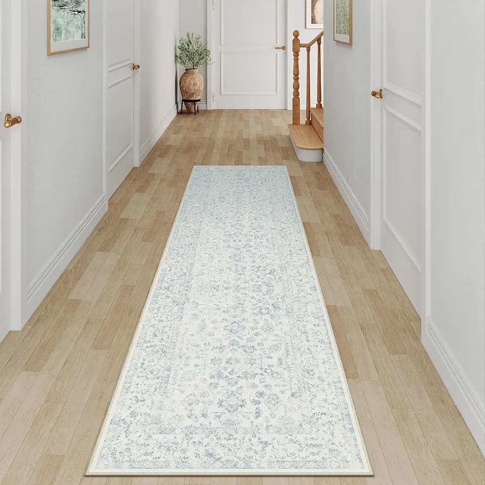 PureCozy 2x8 Blue Runner Rug Washable Hallway Non Slip Kitchen Vintage