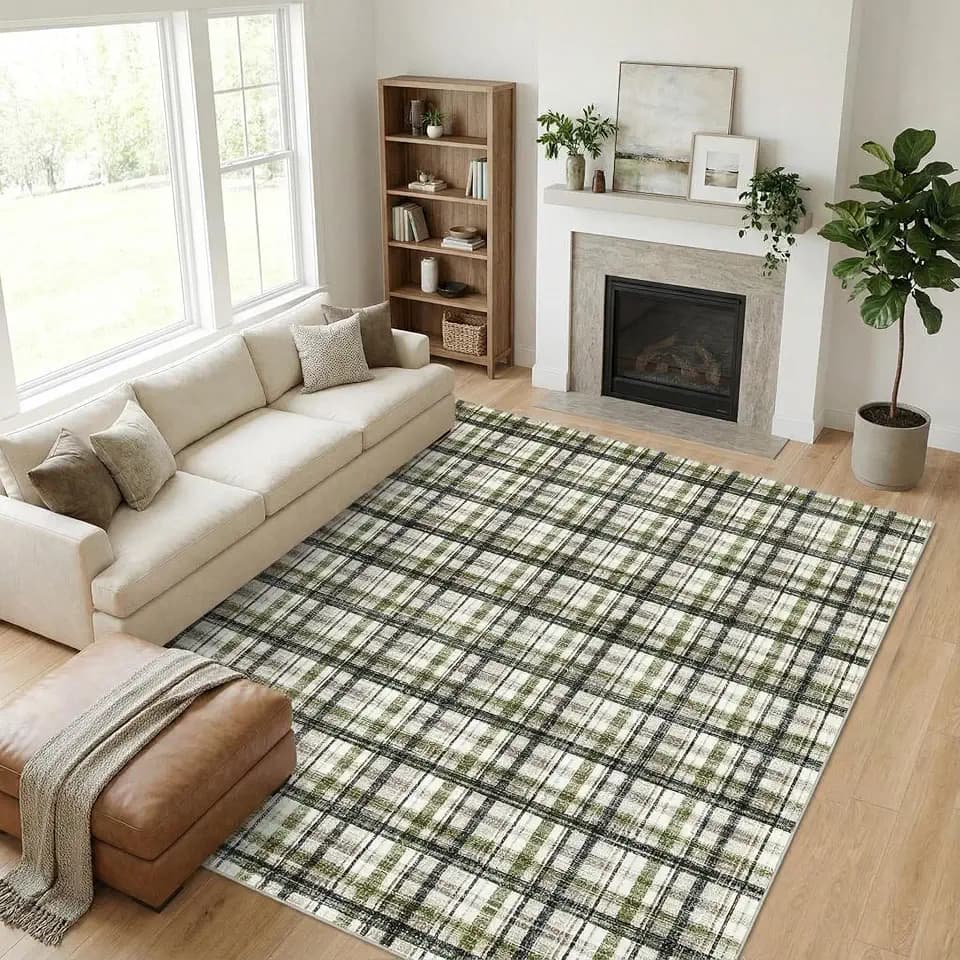 Garvee Plaid Large 10 x 13 Area Rug for Living Room Non Slip Celadon&Coffee