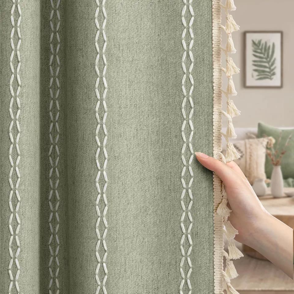 Green 100% Boho Blackout Curtains 84 Inch 2 Panels with Tassels