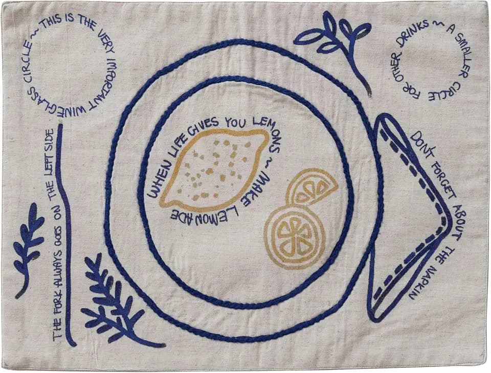 Creative Co-Op Woven Cotton and Linen Embroidered Placemat with Fruit, Leaves and Saying, Natural and Blue