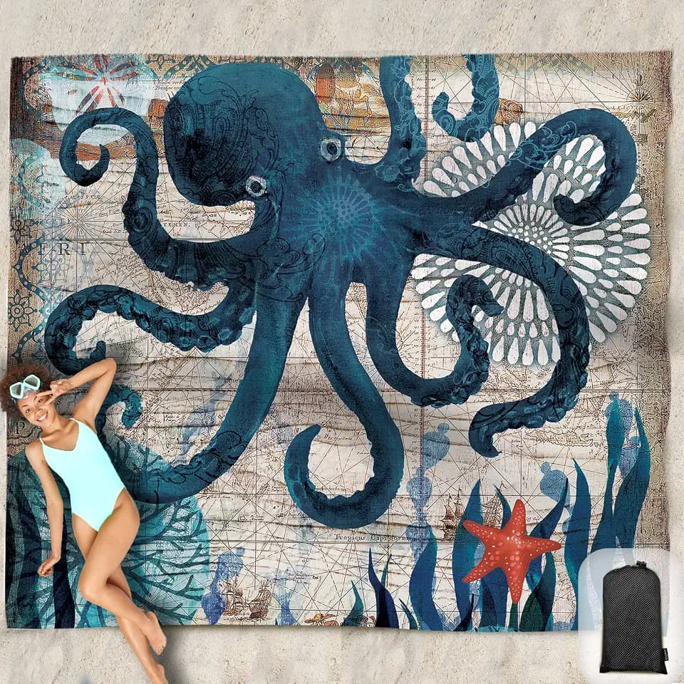 Beach Blanket Waterproof Sandproof Oversized 95”x 80”,Sand Free Beach Mat with Corner Pockets,Portable Mesh Bag for Beach Festival,Picnic,Travel and Outdoor Camping (Octopus)