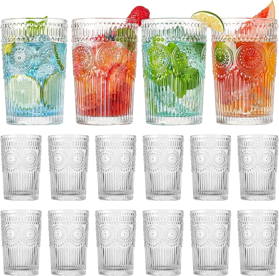 Vintage Drinking Glasses Set of 12, Textured Clear Striped Glass Cups, Ribbed Glassware Set, Tall Water Glass Tumblers, Mojito Cups, Cocktail Glass, Iced Coffee Cup, Bar Glassware