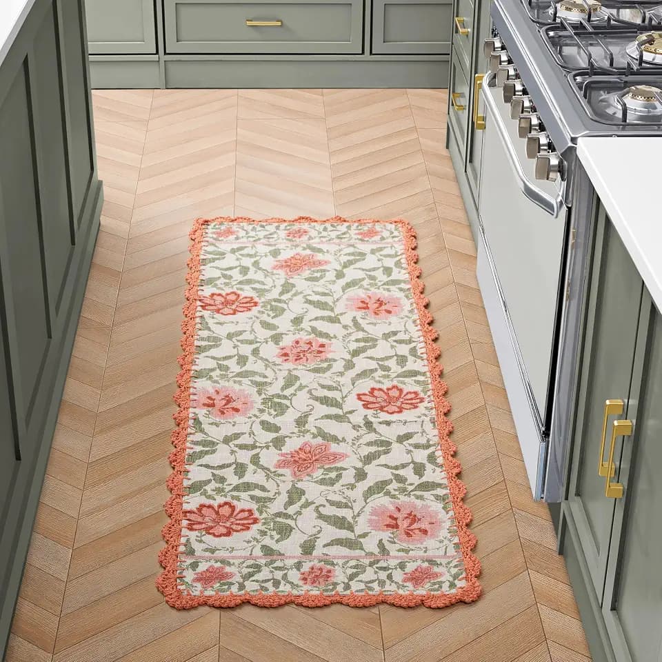 Laura Ashley Cotton Crochet Border Moored Garden Pale Poppy Floral Machine Washable & Slip Resistant 1'8" x 5' Runner Rug