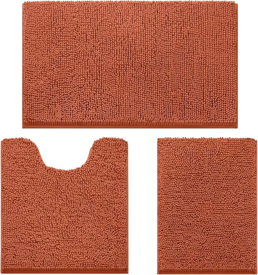HOMEIDEAS Fall Bathroom Rugs Set of 3, Non Slip Bath Mat, Burnt Orange