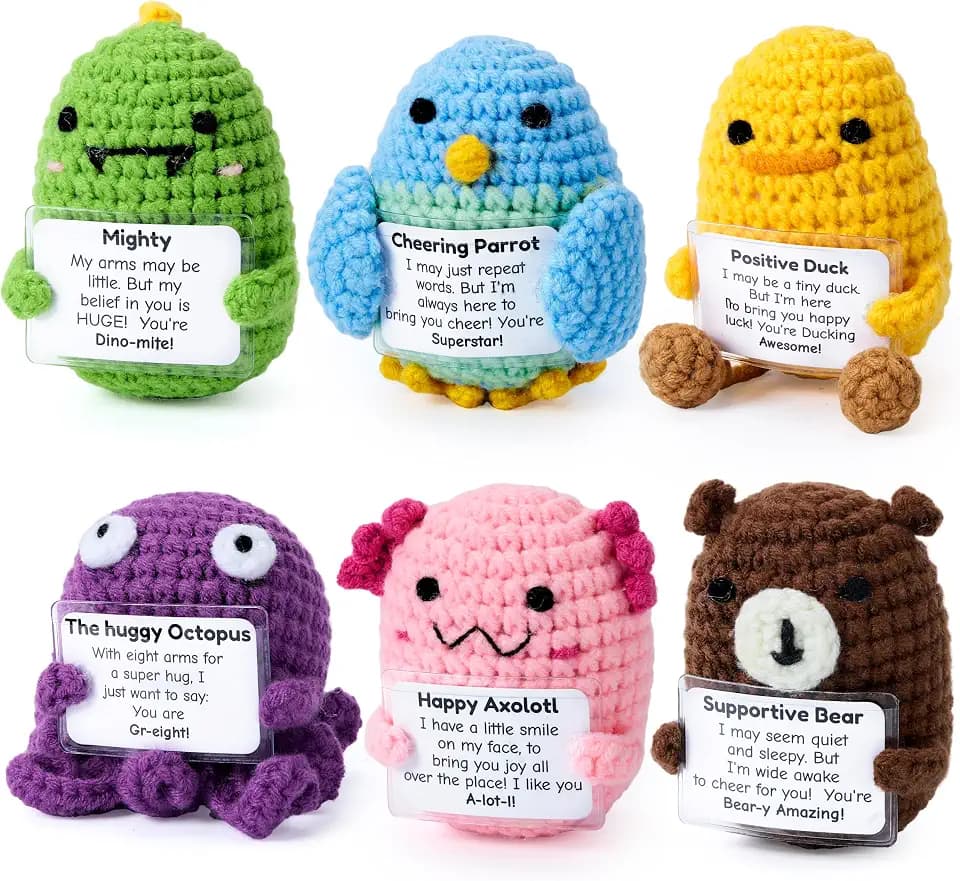 JOYIN 6 Pcs Positive Crochet Animals with Positive Messages, Emotional Support Plush Stuffed Animal Bulk, Cute Crochet Plushies for Anniversary Birthday Christmas School Supplies Coworker Desk Decor