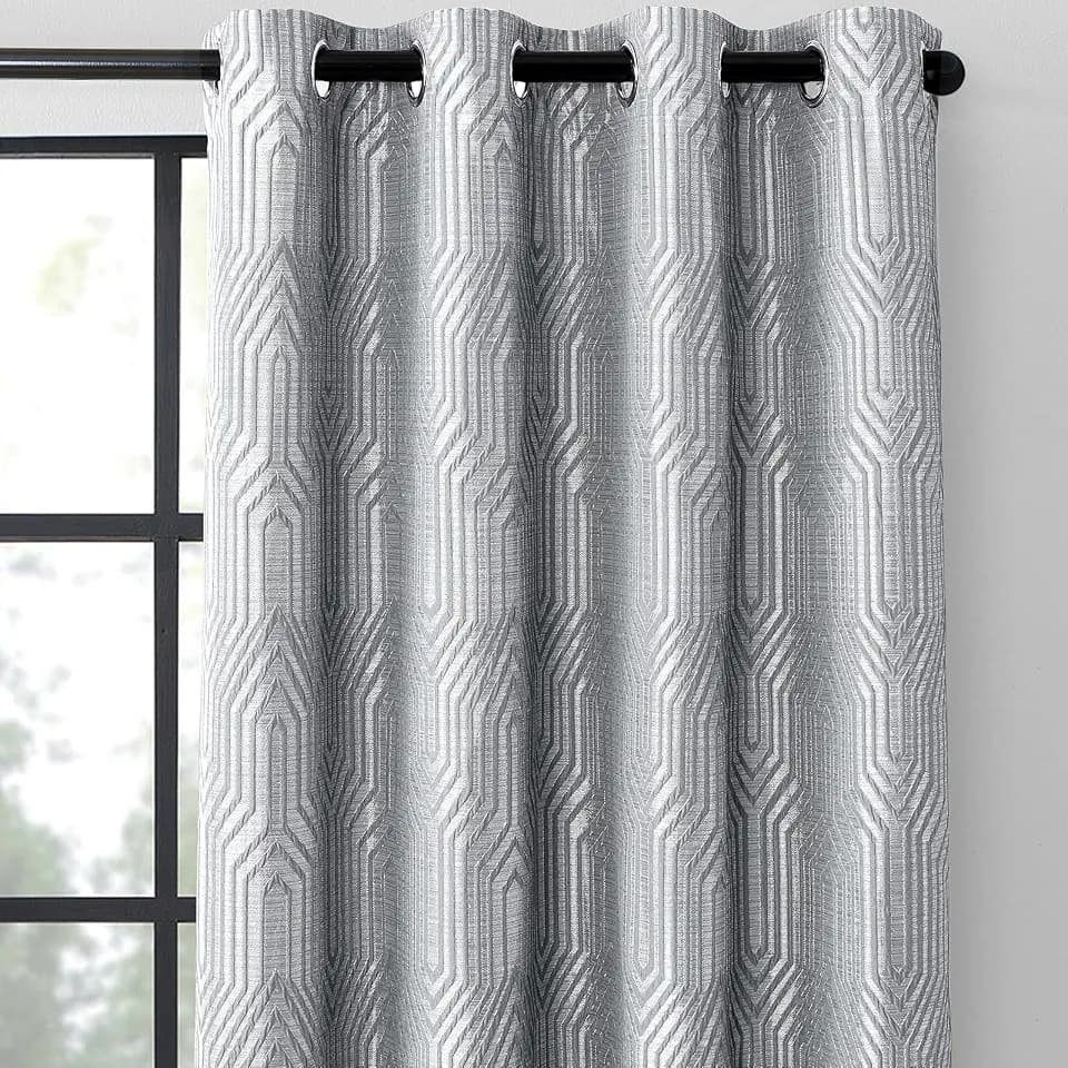 Light Grey and Silvery 100% Blackout Jacquard Geometric Pattern Curtains,52 Inch Wide 63 Inches Length 2 Panels, Thermal Insulated Noise Reducing Anti-Rust Grommet Drapes for Bedroom Living Room