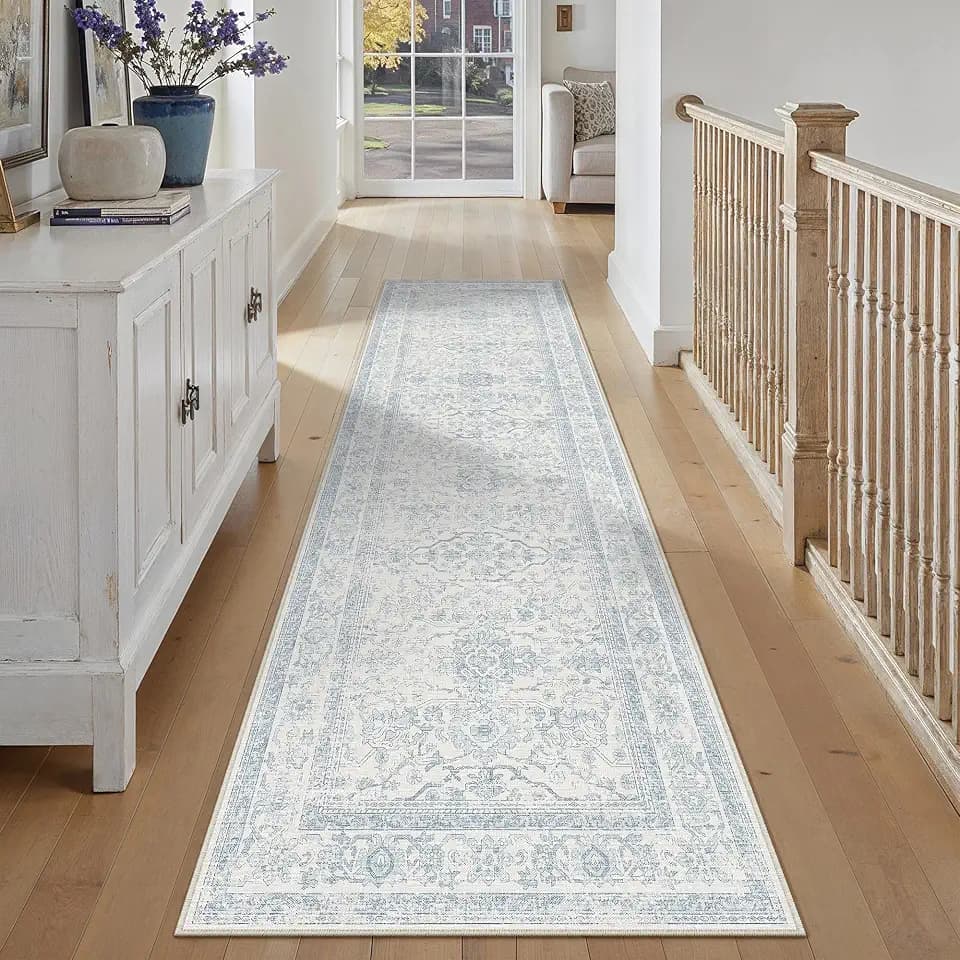 HUGEAR 3x8 Light Blue Vintage Floral Washable Runner Rug for Hallway