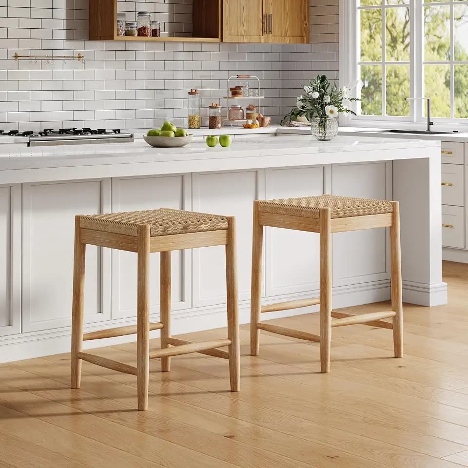 Christopher Knight Home Guke Boho Backless Counter Height Bar Stools Set of 2, Acacia Wood Counter Stools with Rope Wicker Seat, Square Bar Stool for Kitchen Island, Wooden Dining Room Chair, Natural