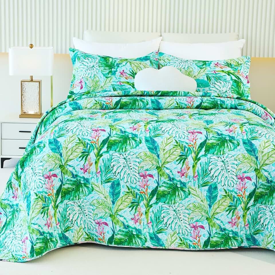 EVENHUG Cotton Quilt Set Queen Floral Reversible Bedspread Set Soft Brushed Bed Cover Lightweight Floral Quilted Bedding Set 1 Quilt with 2 Pillow Shams (Leaf, King)