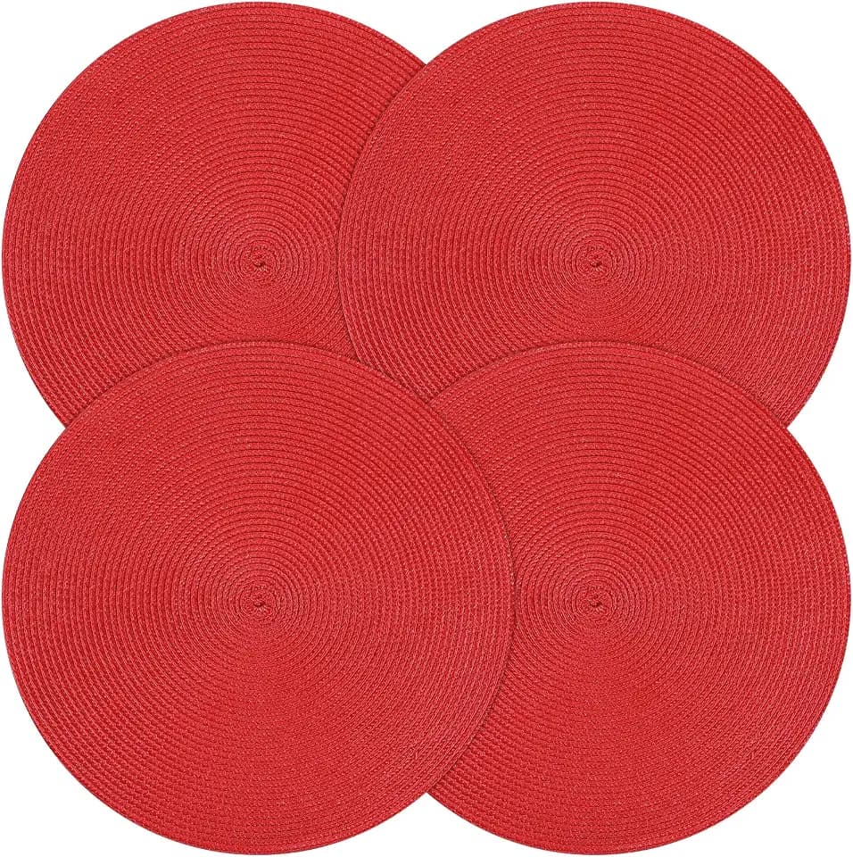 Round Christmas Placemats Set of 4 Table Mats for Dining Kitchen Tables Decorations Natural Woven Heat Resistant Place Mats 15 Inch Trivets for Hot Pots and Pans (Red)