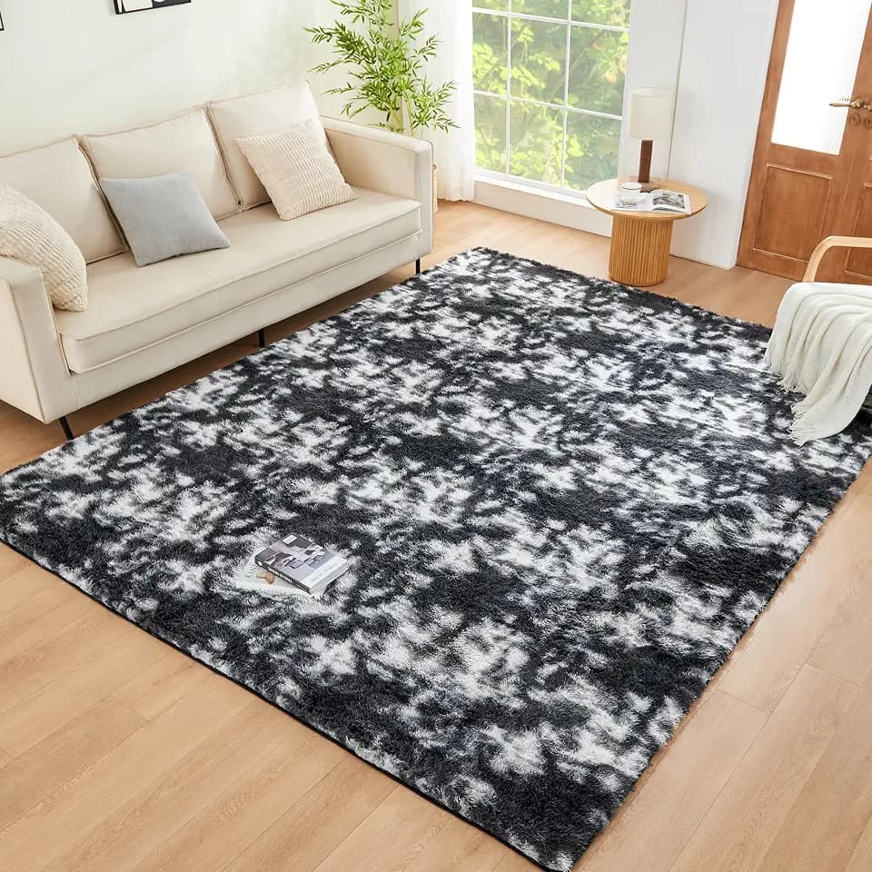 Litanika 5x8 Shag Area Rug for Bedroom, Tie-Dyed Black White Plush Rug