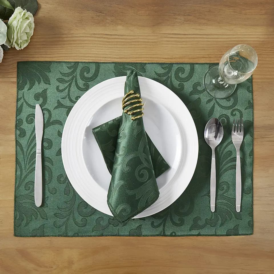 8 Pieces Scroll Damask Jacquard Green Placemats,13 x 19 inch Protect Surface Heat and Stain Resistant Dinner Mats