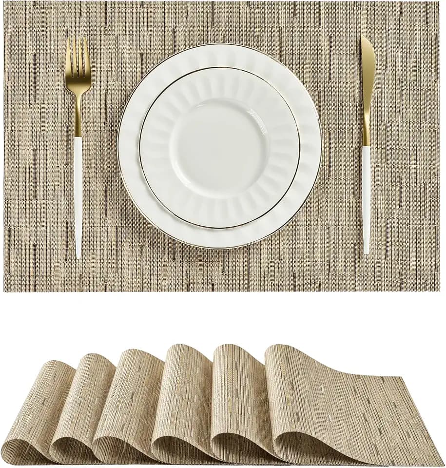 Light Brown Placemats Set of 6 - Heat Resistant Woven Vinyl