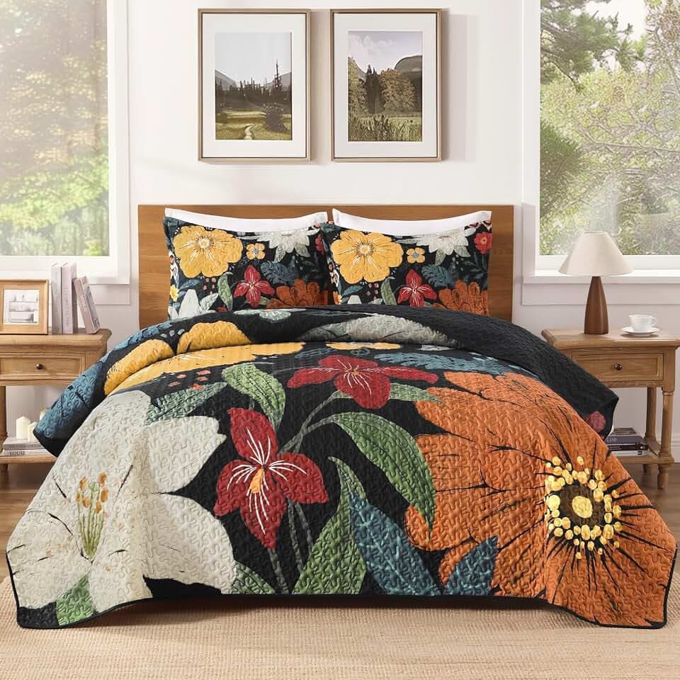 Andency California King Quilt, Cal King Oversized Black Floral Bedspread