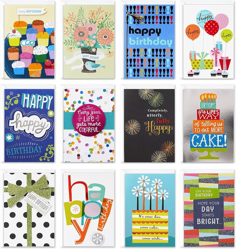 Hallmark Birthday Cards with Envelopes, Assorted 12-Pack (Happy!)