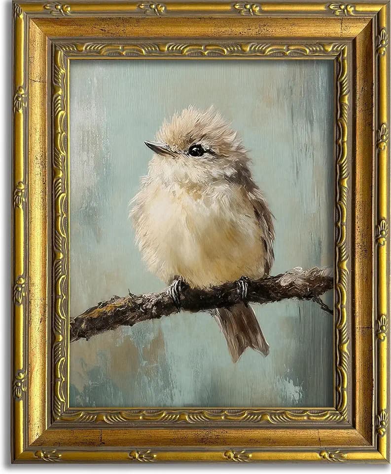DR.RiftArt Bird Wall Art, Cute Fluffy Bird on Branch Gold Framed Decor
