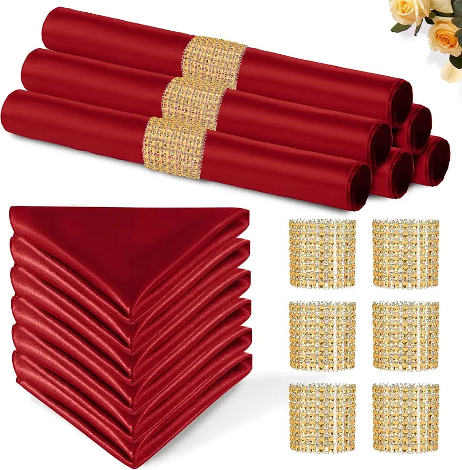 Red Satin Napkins and Napkin Rings Set, 100 Pack, 12 x 12 Inch
