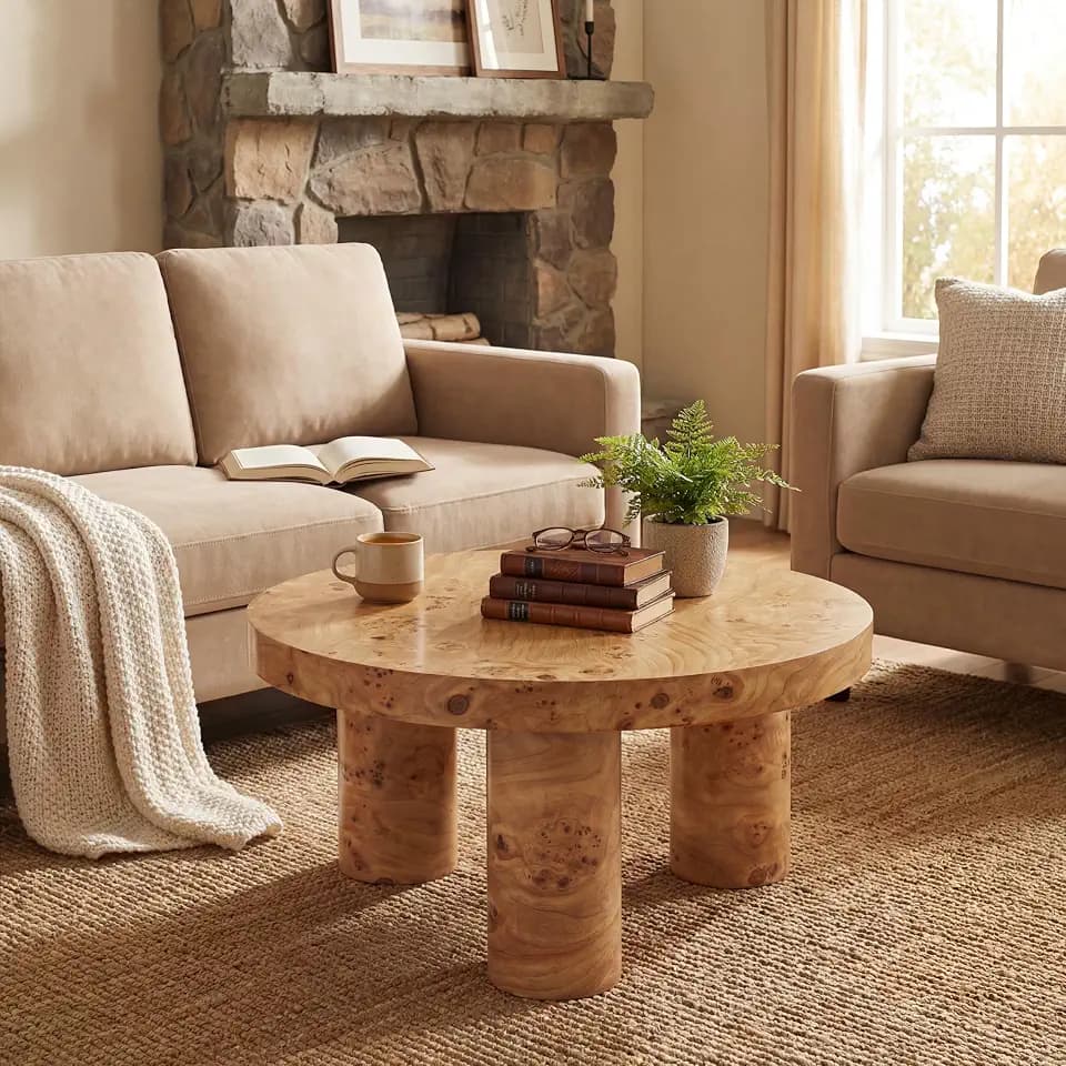 Christopher Knight Home Slufie Modern Round Coffee Table, MDF Wood Coffee Table with 3 Sculptural-Legs, Wooden Center Table for Living Room, Burl Veneer Finish, Natural