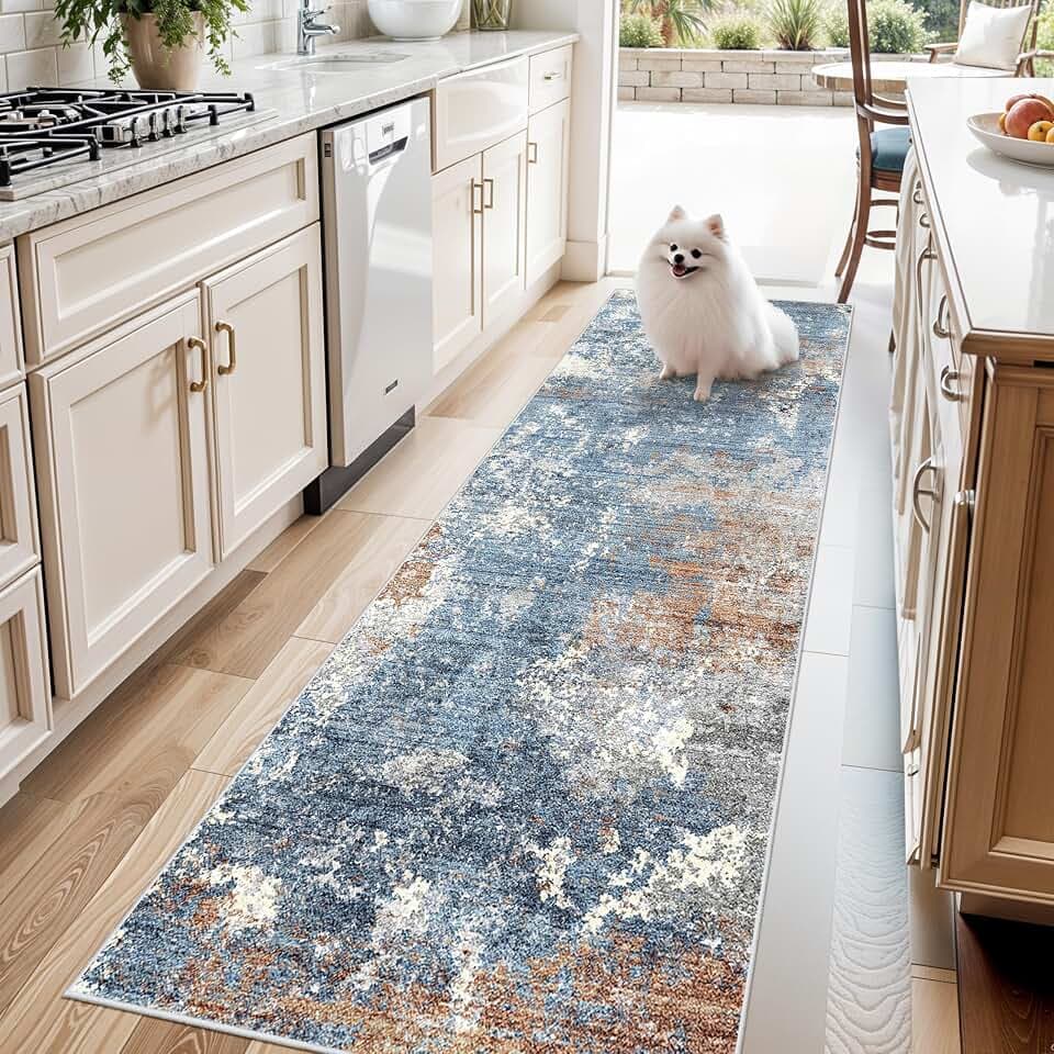 3x8 Washable Hallway Runner – Non-Slip Abstract Modern Neutral Wide Carpet Runner for Kitchen Floor, Entryway, Bedroom, Living Room – Soft Low-Pile Thin Rubber Backing (Blue Rust,3x8)