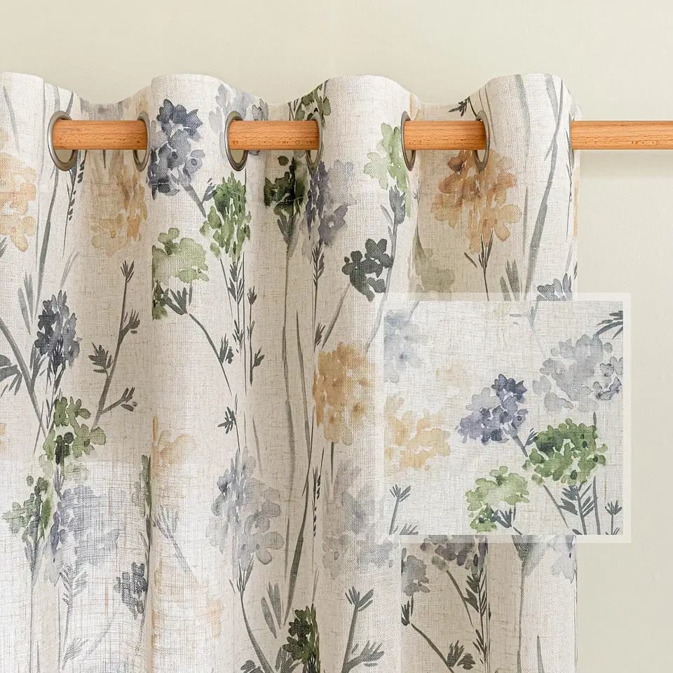 MYSKY HOME Sage Green Floral Linen Spring Curtains 63 inch Long 2 Panels Set Semi Sheer Light Filtering Farmhouse Flower Pattern Grommet Top for Living Room Bedroom, 52" W Each Panel